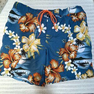 Cubavera Men's Hawaiian Floral Lined Swim Trunks Board Shorts Size XL Drawstring